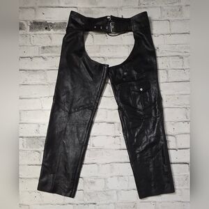 Vintage RoadGear Black Leather Motorcycle Chaps – Size 36 Snap & Zip Sides